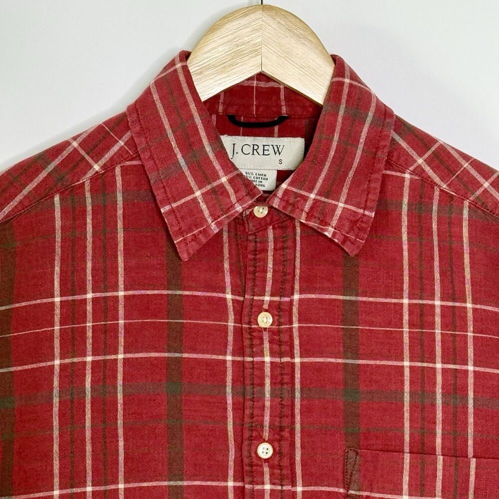 J. CREW Button Down Short Sleeve Shirt Men's Sz S Red Plaid Linen Blend Preppy